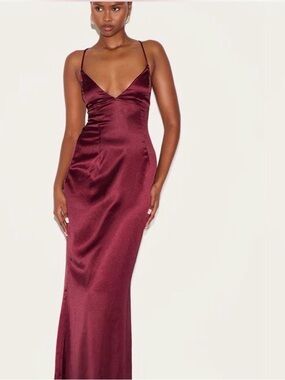 PrettyLittleThing Burgundy Satin Slip Maxi Dress